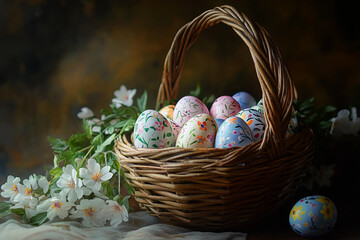 Beautiful festive Easter basket filled with colorful decorated eggs and fresh spring flowers, perfect for family celebrations, Generative AI
