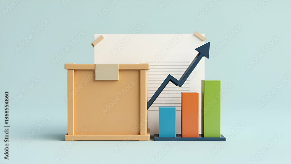 Poster 3d flat icon as shipping crate and a financial summary chart symbolizing financial summary in distri