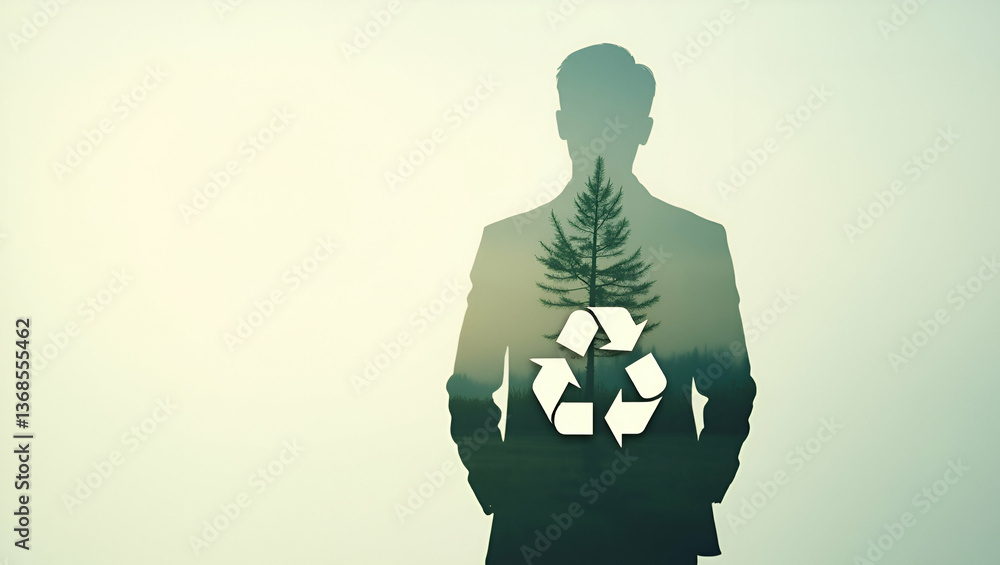 Poster 3d flat icon: silhouette of a person merged with recycling symbol for environmental responsibility -
