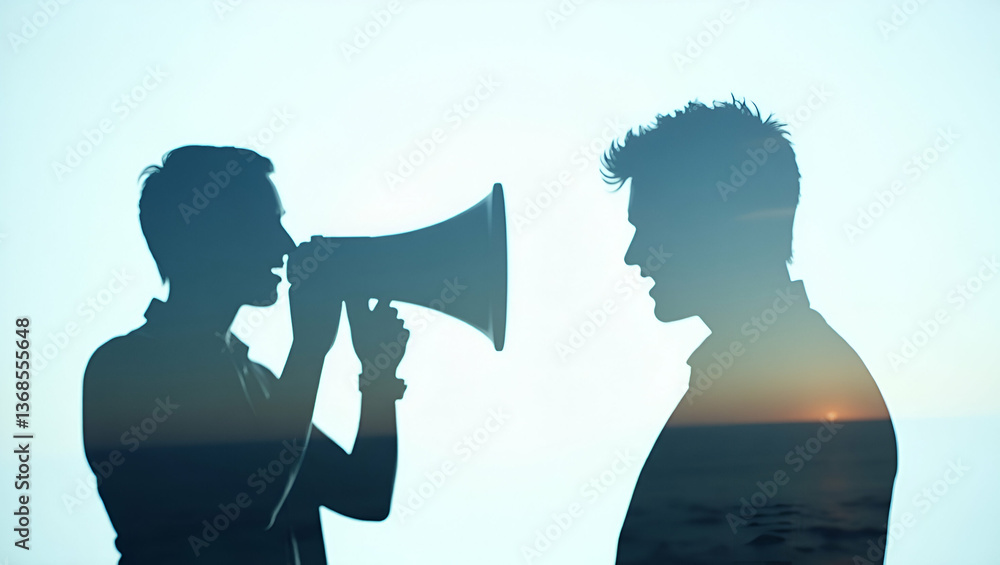 Poster 3d flat icon: silhouette of a person with megaphone - symbolizing marketing promotion in double expo