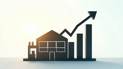 3D Flat Icon: Warehouse Silhouette with Profit Margin Chart for Profit Optimization Concept