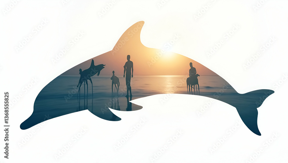 Poster silhouette of a dolphin and a savings account symbolizing secure savings in double exposure with cop