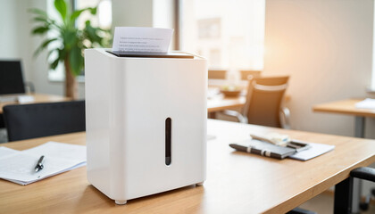 Modern paper shredder in bright office space, document security