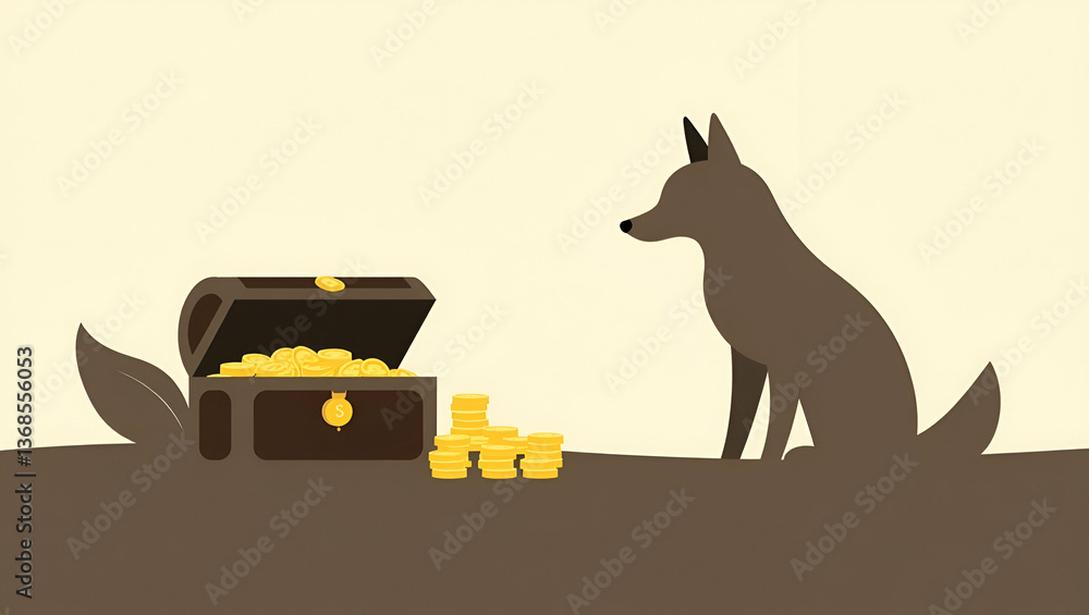 Poster 3d flat icon as silhouette of a fox and a treasure chest symbolizing hidden savings in double exposu