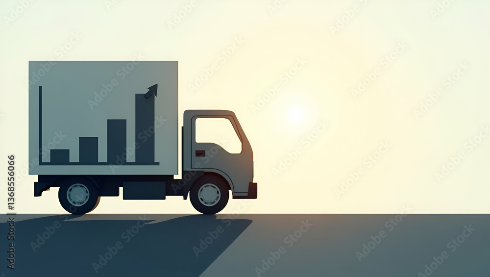 Poster 3d flat icon: silhouette of delivery truck intertwined with cost projection chart - symbolizing dist