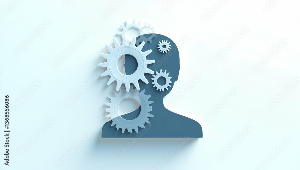 Poster 3d flat icon of a person and gears: symbolizing technology and progress in double exposure with copy