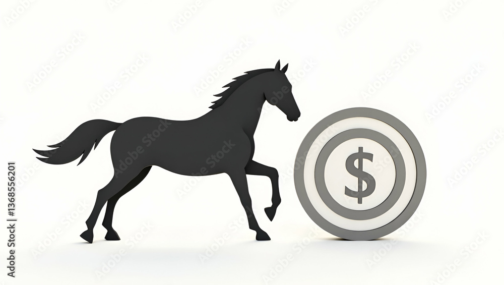 Poster 3d flat icon as silhouette of a horse and a savings target symbolizing goal oriented savings in doub