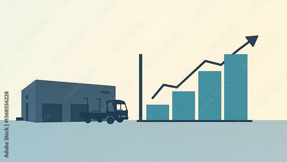 Poster 3d flat icon: silhouette of warehouse with turnover analysis chart - symbolizing turnover efficiency