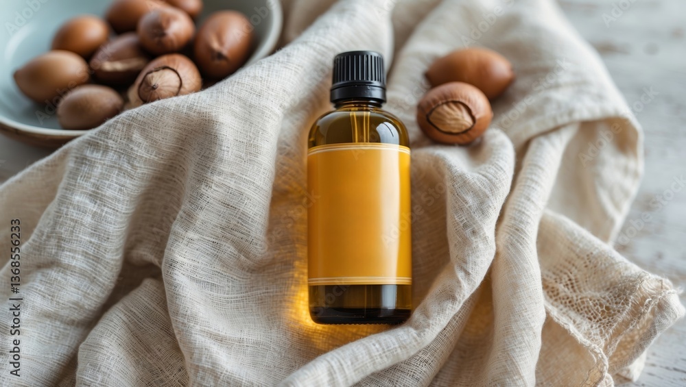 Poster organic oil bottle resting on soft fabric with nut shells nearby in a serene indoor setting