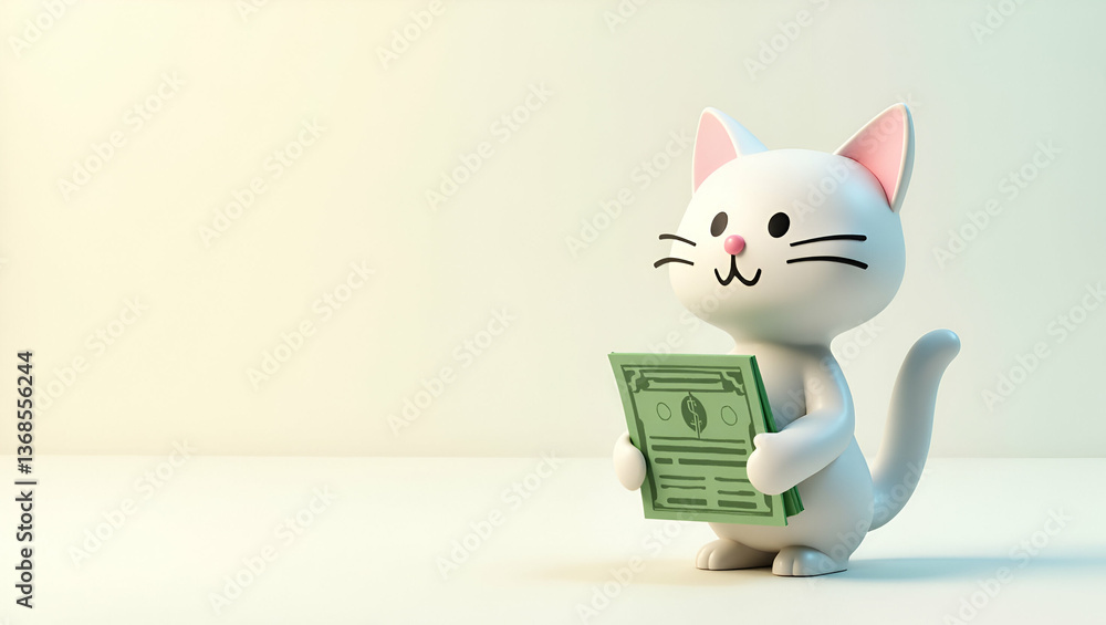Poster 3d flat icon as a cat and a savings ledger symbolizing tracking savings in double exposure with copy