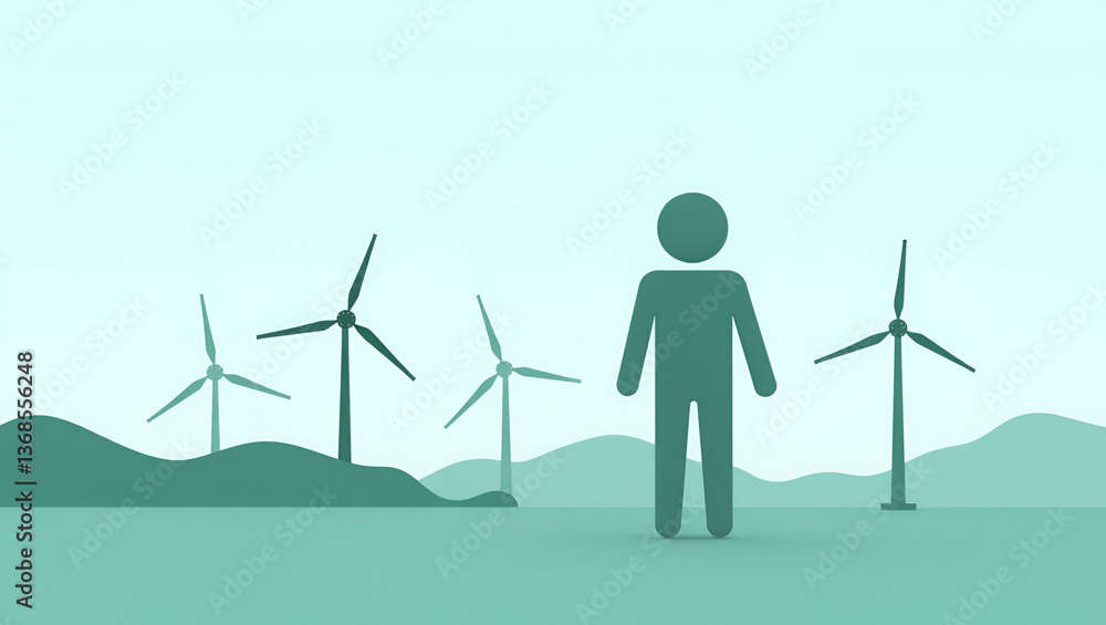 Poster 3d flat icon of a person blended with wind turbines: symbolizing renewable energy and innovation in 
