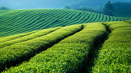 Tea plantation on hillside terraces, Vibrant green tea fields in soft light