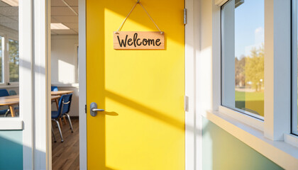 Bright "Welcome" door in cheerful classroom setting, friendly atmosphere