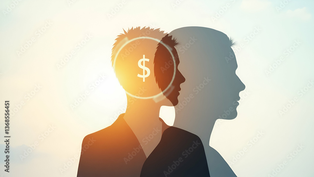 Poster 3d flat icon: silhouette of a person merged with financial pie chart for budgeting - double exposure
