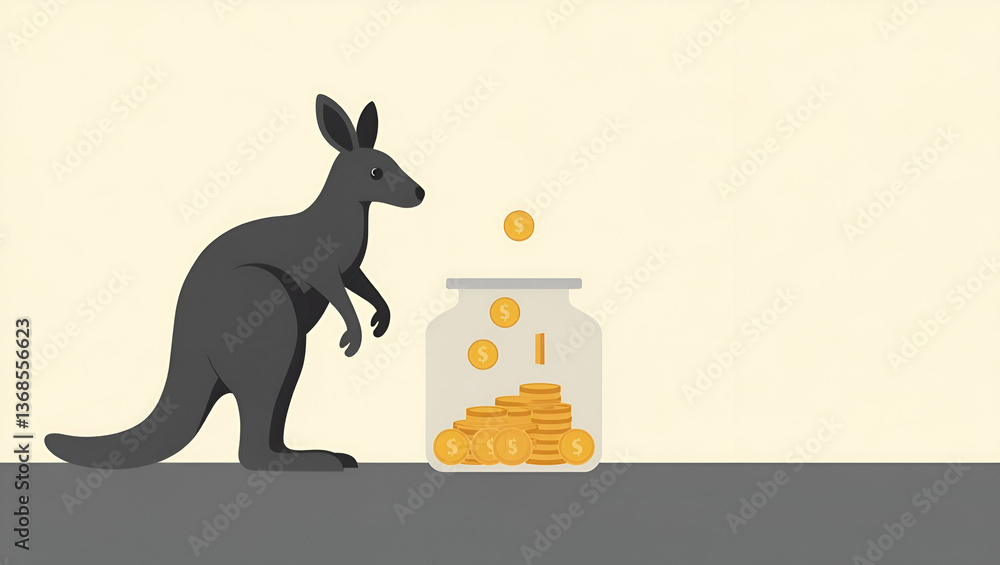 Poster 3d flat icon as silhouette of a kangaroo and a coin jar symbolizing financial savings in double expo