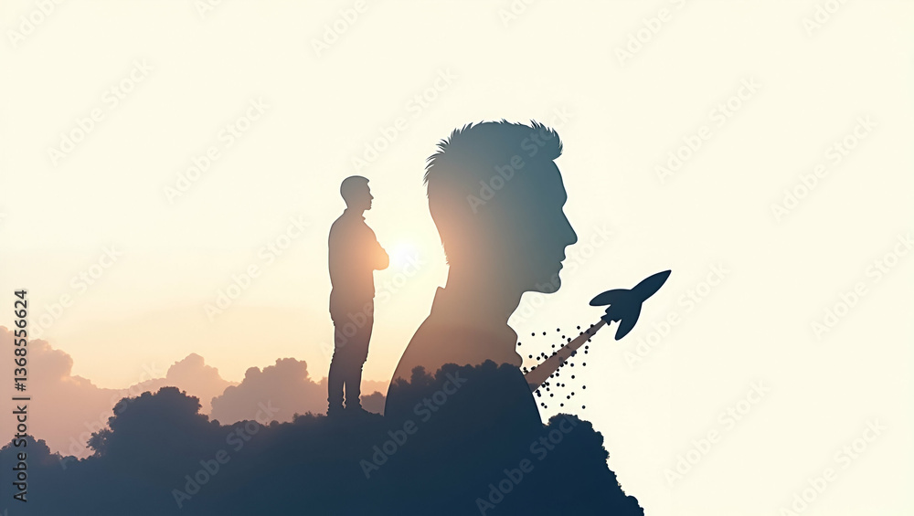 Poster 3d flat icon as silhouette of a person and a rocket symbolizing futuristic innovation in double expo