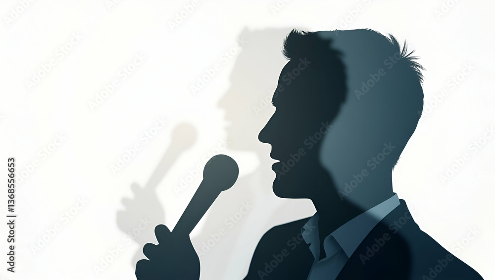 Poster 3d flat icon: silhouette of person with microphone for event promotion - double exposure design