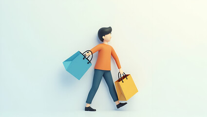 3d Flat icon as Person and a shopping bag symbolizing retail marketing in double exposure with copy space. concept as A person fused with a shopping bag representing retail marketing and consumer enga