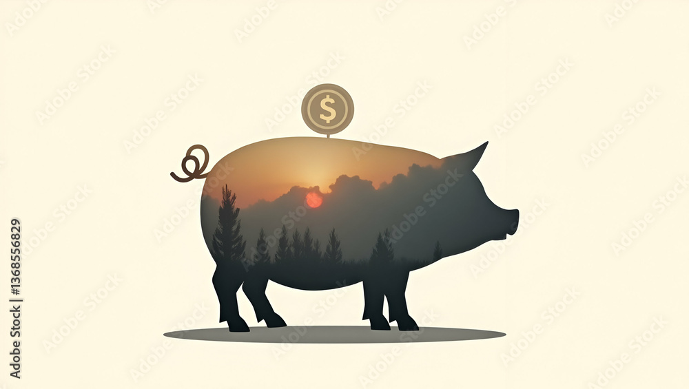 Poster 3d flat icon: silhouette of a pig and piggy bank - symbolizing saving money with double exposure on 