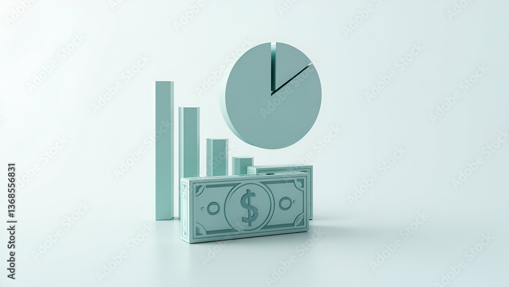 Poster 3d flat icon as persona with a pie chart and a banknote symbolizing financial distribution in double