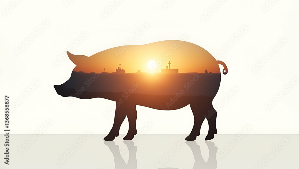 Poster 3d flat icon as silhouette of a pig and a piggy bank symbolizing saving money in double exposure wit