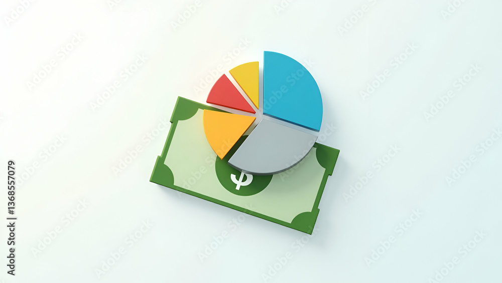 Poster 3d flat icon of a persona with pie chart and banknote: visualizing financial distribution and budget