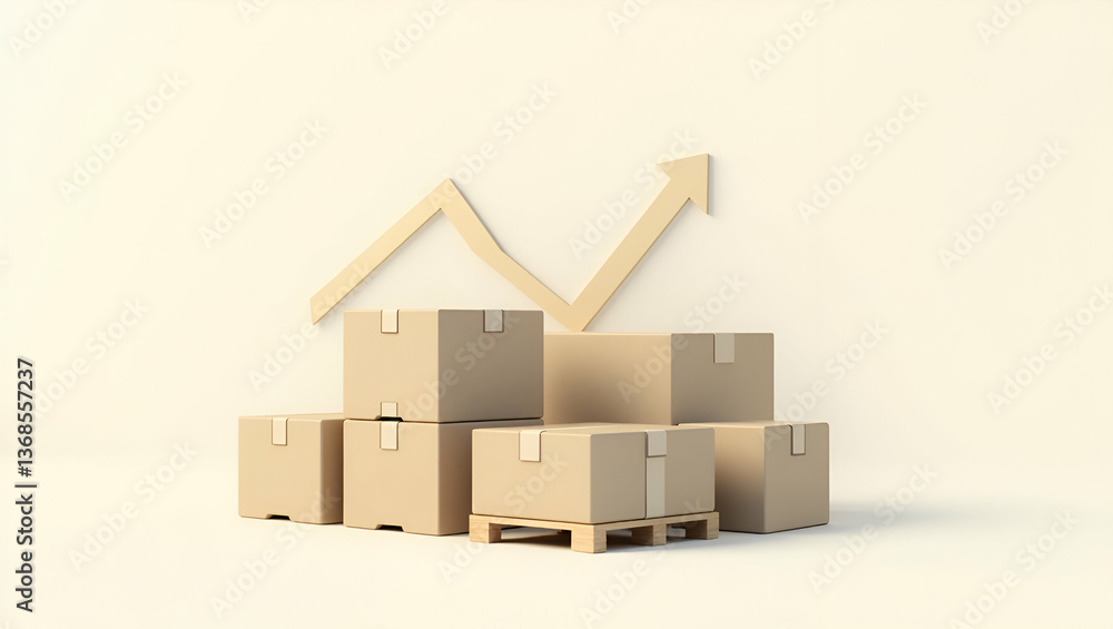 Poster 3d flat icon as silhouette of a pallet and a trend line symbolizing inventory trends in double expos