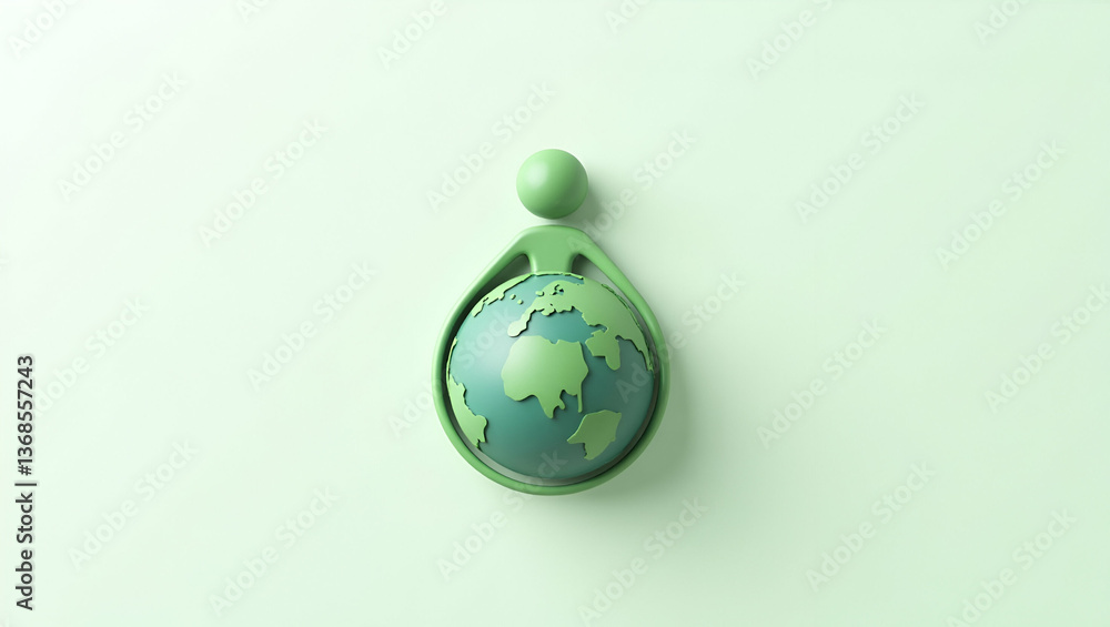 Poster 3d flat icon as person and a globe symbolizing global sustainability and awareness in double exposur