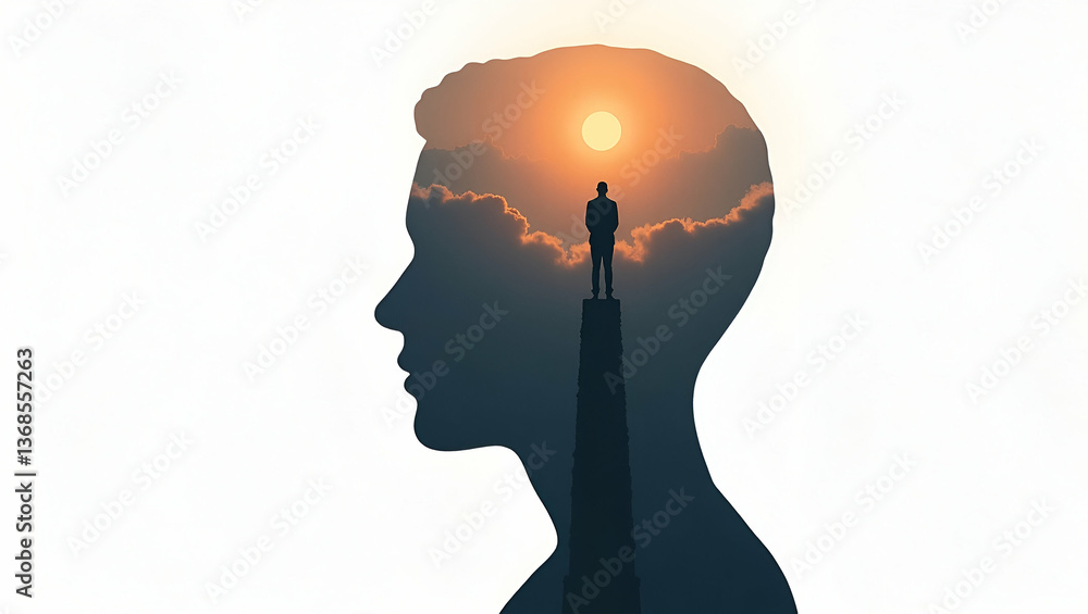 Poster 3d flat icon as silhouette of a person and a brain symbolizing creative thinking in double exposure 