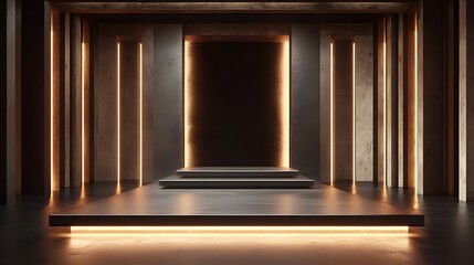 A geometric podium with a smooth, glossy surface, surrounded by ambient lighting in a modern, industrial-style space.