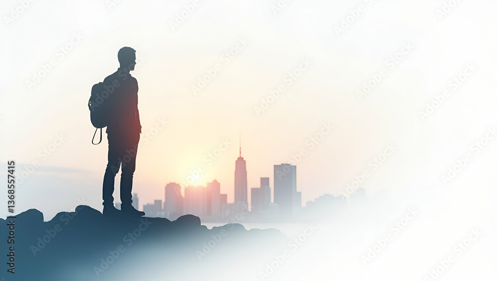 Poster 3d flat icon as silhouette of a person and a banner ad symbolizing online promotion in double exposu