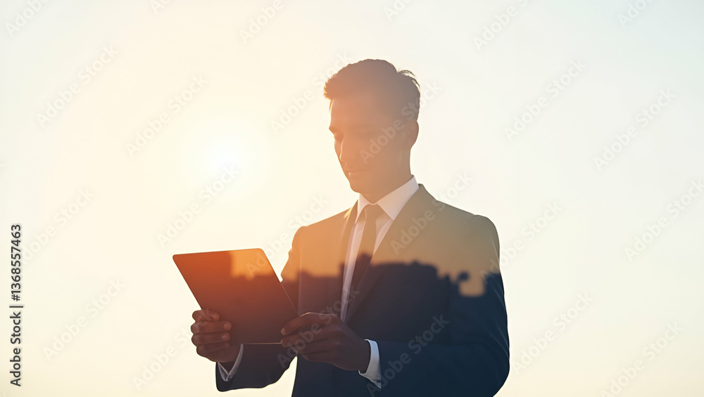 Poster 3d flat icon as silhouette of a person and a tablet symbolizing digital creativity in double exposur