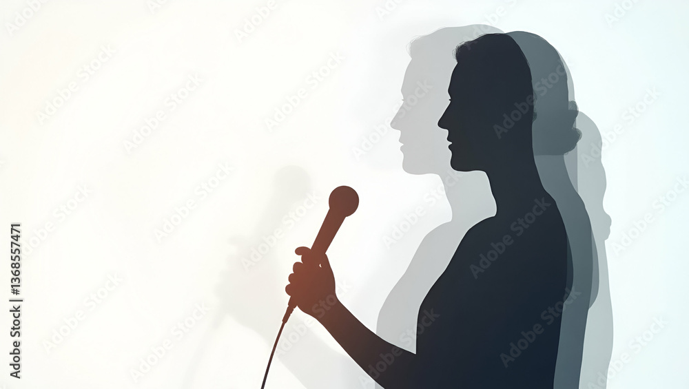 Poster 3d flat icon as silhouette of a person and a microphone symbolizing promotional events in double exp