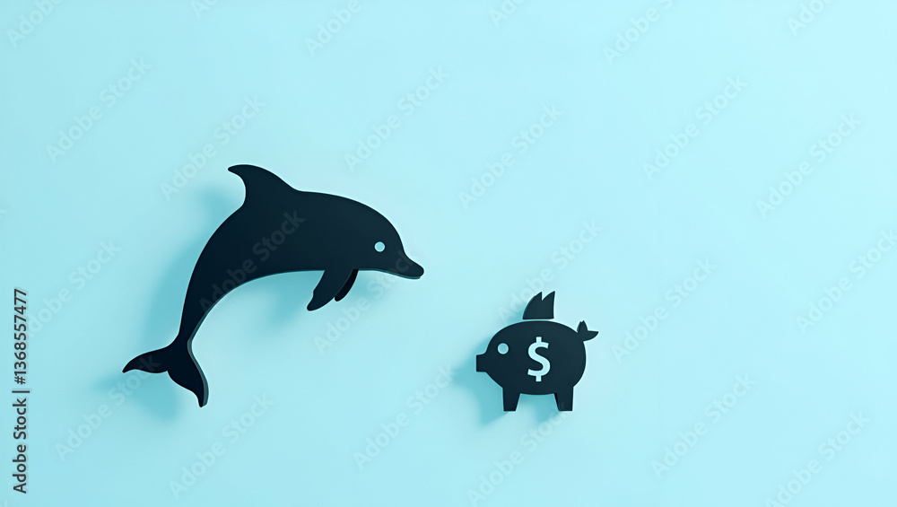 Poster 3d flat icon: dolphin silhouette intertwined with savings account symbolizing secure savings - doubl