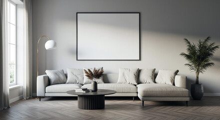 Minimalist interior mockup with blank frame. Empty frame wall poster mockup. Interior mockup with modern design. Contemporary interior scene