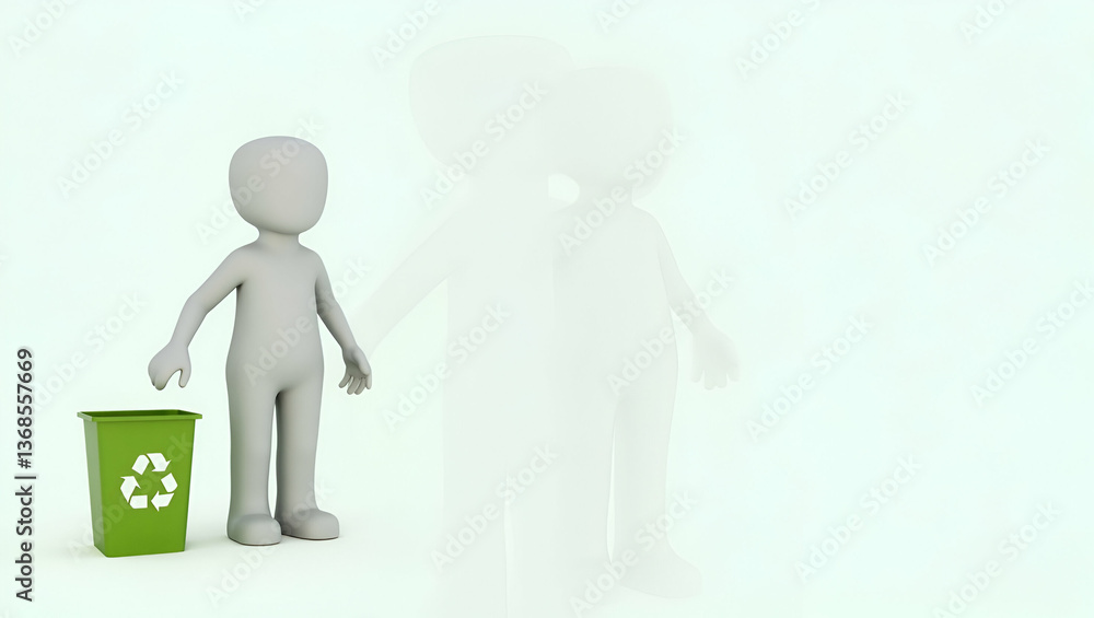 Poster 3d flat icon: person merged with recycling bin - symbolizing environmental responsibility & recyclin