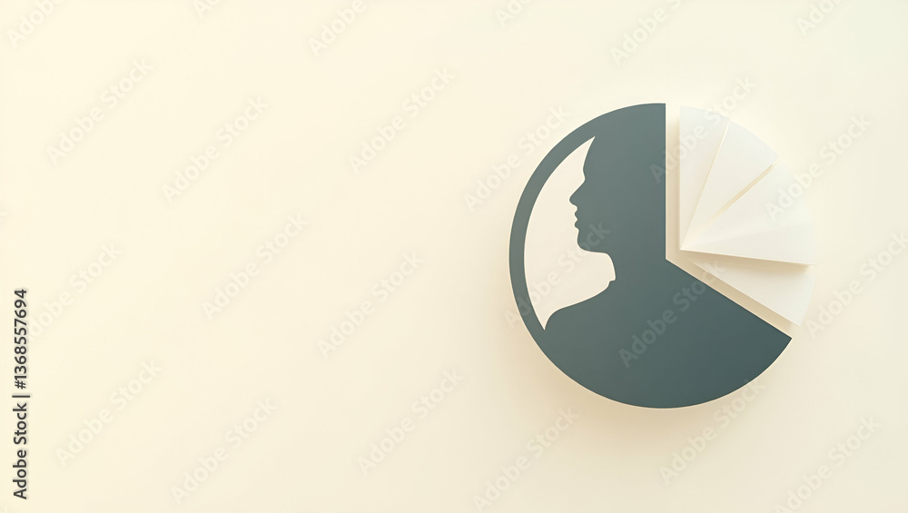 Poster 3d flat icon: silhouette of a person merged with financial pie chart for budgeting - double exposure