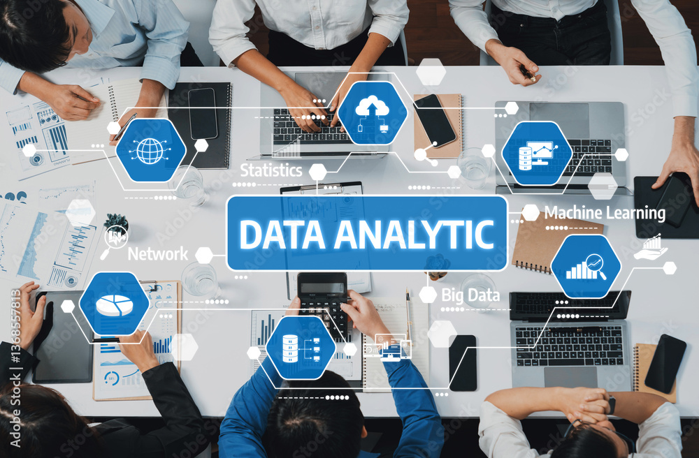 Poster this image illustrates the concept of data analytics within a modern workspace, highlighting collabo