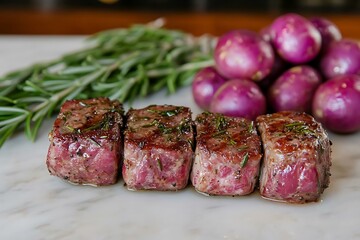 Four seared beef cubes with rosemary and purple vegetables.