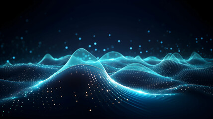 A mesmerizing digital landscape of glowing blue waves and sparkling particles, creating an ethereal and otherworldly seascape.