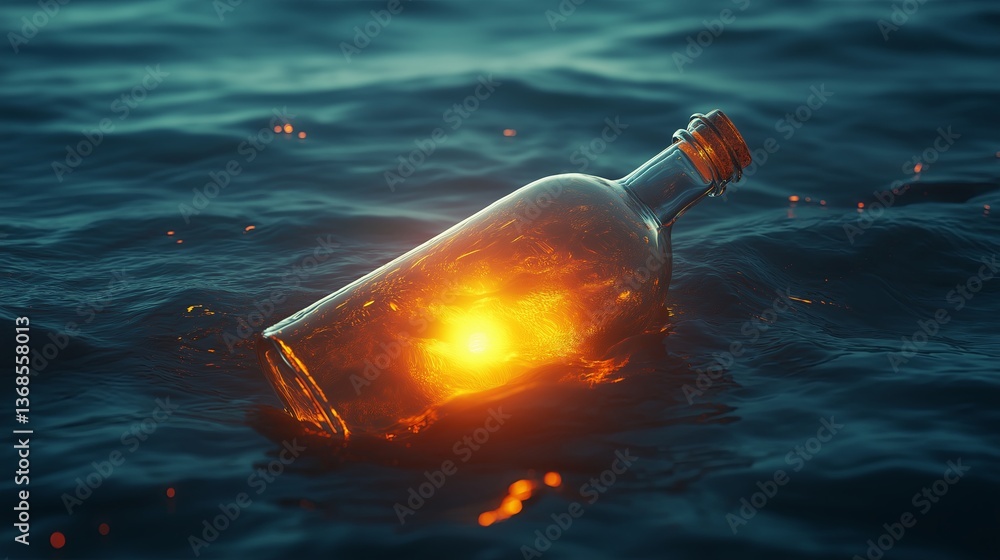 Poster a bottle floating in the ocean, glowing from within