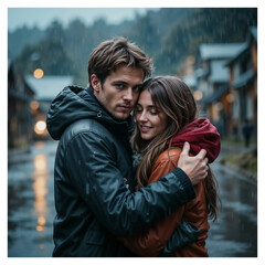 Fototapeta premium Romantic couple embracing in the rain on a city street 