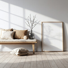 Minimalist interior mockup with blank frame. Empty frame wall poster mockup. Interior mockup with modern design. Contemporary interior scene