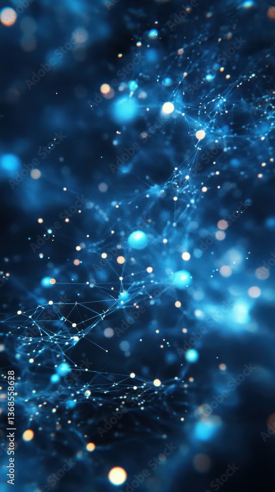 Fototapete Abstract representation of interconnected blue nodes and lines flowing in a dark space environment during a digital concept display