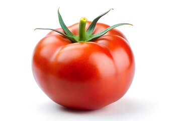 Vibrant Tomato on display: A single, perfectly ripe tomato, its rich red skin gleaming and its green stem standing proud, exudes freshness.