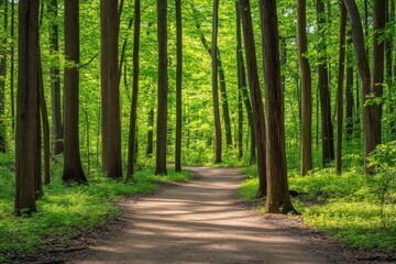 Obraz premium Serene Path Through Lush Green Forest with Tall Trees and Sunlight
