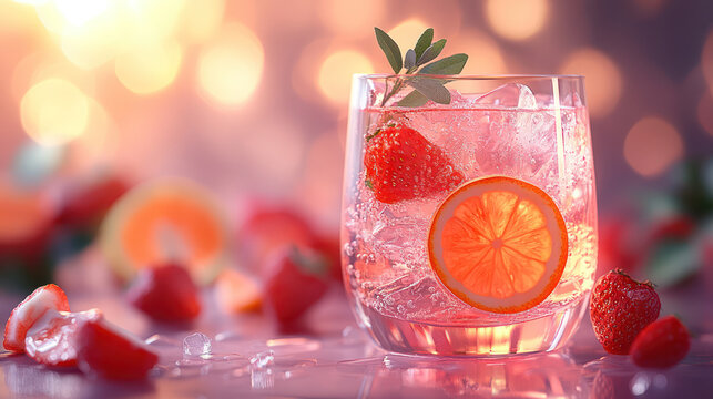 Refreshing gin cocktail with strawberries and citrus slices, served over ice. vibrant colors and sparkling bubbles create lively , perfect for summer gatherings