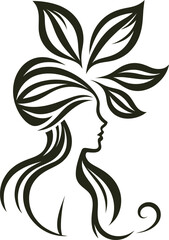 Elegant woman's profile with stylized leaves, perfect for beauty brands.