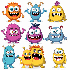 Monster set line. Colorful silhouette monsters. Happy Halloween. Cute kawaii cartoon funny boo character. Different face. Teeth, eyes, horns, hands. Childish style. Flat design White background Vector