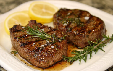 Grilled Filet Mignon Steaks with Rosemary and Lemon on White Plate